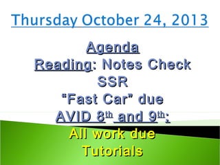 Agenda
Reading : Notes Check
SSR
“ Fast Car” due
AVID 8 th and 9 th :
All work due
Tutorials

 