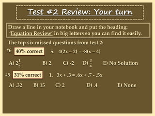 Test #2 Review: Your turn
Draw a line in your notebook and put the heading:
‘Equation Review’ in big letters so you can find it easily.
The top six missed questions from test 2:
#6 40% correct 5. 4(2x – 2) = -8(x – 4)
A) 2
𝟏
𝟐
B) 2 C) -2 D)
𝟑
𝟒
E) No Solution
#5 1. 3x + .3 = .6x + .7 - .5x
A) .32 B) 15 C) 2 D) .4 E) None
31% correct
 