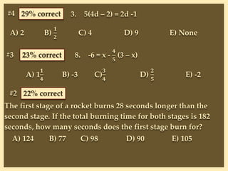 29% correct 3. 5(4d – 2) = 2d -1
A) 2 B)
𝟏
𝟐
C) 4 D) 9 E) None
#4
#3 23% correct 8. -6 = x -
𝟒
𝟓
(3 – x)
A) 1
𝟏
𝟒
B) -3 C)
𝟑
𝟒
D)
𝟐
𝟓
E) -2
#2 22% correct
The first stage of a rocket burns 28 seconds longer than the
second stage. If the total burning time for both stages is 182
seconds, how many seconds does the first stage burn for?
A) 124 B) 77 C) 98 D) 90 E) 105
 