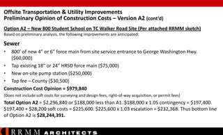 Offsite Transportation & Utility Improvements
Preliminary Opinion of Construction Costs – Version A2 (cont’d)
Option A2 – New 800 Student School on TC Walker Road Site (Per attached RRMM sketch)
Based on preliminary analysis, the following improvements are anticipated:

Sewer
•

800’ of new 4” or 6” force main from site service entrance to George Washington Hwy.
($60,000)
• Tap existing 18” or 24” HRSD force main ($75,000)
• New on-site pump station ($250,000)
• Tap fee – County ($30,500)
Construction Cost Opinion = $979,840
(Does not include soft costs for surveying and design fees, right-of-way acquisition, or permit fees)

Total Option A2 = $2,296,840 or $188,000 less than A1. $188,000 x 1.05 contingency = $197,400.
$197,400 + $28,200 soft costs = $225,600. $225,600 x 1.03 escalation = $232,368. Thus bottom line
of Option A2 is $28,244,391.

RRMM

A R C H ITE C T S

 
