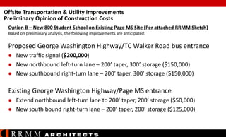 Offsite Transportation & Utility Improvements
Preliminary Opinion of Construction Costs
Option B – New 800 Student School on Existing Page MS Site (Per attached RRMM Sketch)
Based on preliminary analysis, the following improvements are anticipated:

Proposed George Washington Highway/TC Walker Road bus entrance





New traffic signal ($200,000)
New northbound left-turn lane – 200’ taper, 300’ storage ($150,000)
New southbound right-turn lane – 200’ taper, 300’ storage ($150,000)

Existing George Washington Highway/Page MS entrance



Extend northbound left-turn lane to 200’ taper, 200’ storage ($50,000)
New south bound right-turn lane – 200’ taper, 200’ storage ($125,000)

RRMM

A R C H ITE C T S

 