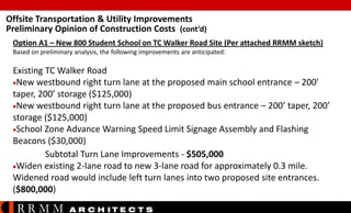 Offsite Transportation & Utility Improvements
Preliminary Opinion of Construction Costs (cont’d)
Option A1 – New 800 Student School on TC Walker Road Site (Per attached RRMM sketch)
Based on preliminary analysis, the following improvements are anticipated:

Existing TC Walker Road
New westbound right turn lane at the proposed main school entrance – 200’
taper, 200’ storage ($125,000)
New westbound right turn lane at the proposed bus entrance – 200’ taper, 200’
storage ($125,000)
School Zone Advance Warning Speed Limit Signage Assembly and Flashing
Beacons ($30,000)
Subtotal Turn Lane Improvements - $505,000
Widen existing 2-lane road to new 3-lane road for approximately 0.3 mile.
Widened road would include left turn lanes into two proposed site entrances.
($800,000)

RRMM

A R C H ITE C T S

 