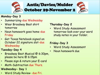 Antis/Davies/Mulder
                October 29-November 2
Monday-Day 3
• Summarizing-due Wednesday
• Wear Broadway Beat shirt           Thursday-Day 2
  tomorrow                           • Word Study Assessment
• Noun homework goes home-due          tomorrow-look over your word
  Friday                               study notes in your folder.
• Get Texas Notebook signed on
  October 22 signature slot-due      Friday-Day 3
  Wednesday                          • Word Study Assessment
Tuesday-Day 4                        • Noun homework due
• Broadway Beat Musical @ 6:30pm,
  please be here @ 6:15pm
• Please sign & return your E-card
• Math-Subtraction due Thurs.
Wednesday- Day 1
• Word Study Review- due Fri.
 