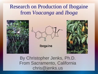 Research on Production of Ibogaine
    from Voacanga and Iboga




    By Christopher Jenks, Ph.D.
    From Sacramento, California
          chris@jenks.us
 