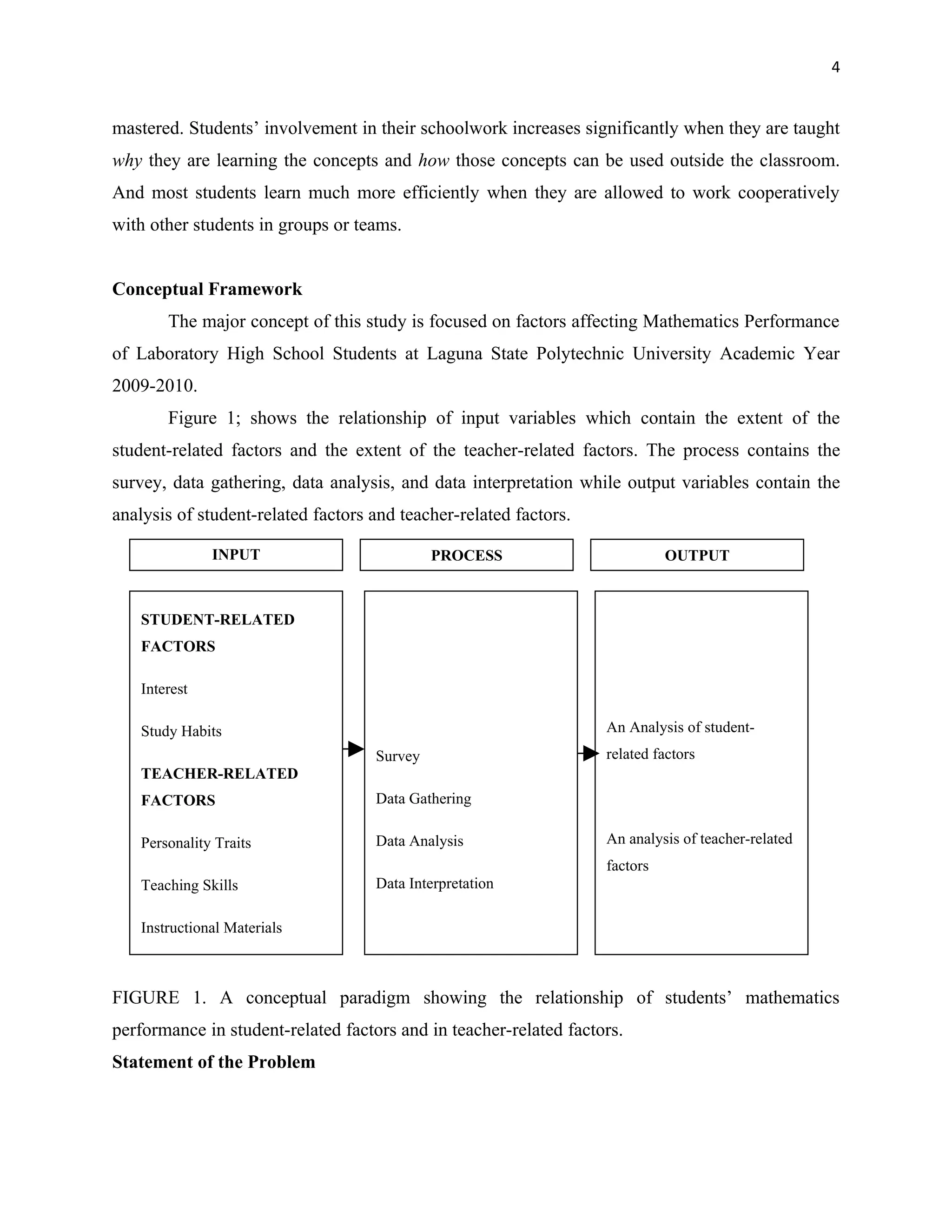 4


mastered. Students’ involvement in their schoolwork increases significantly when they are taught
why they are learning the concepts and how those concepts can be used outside the classroom.
And most students learn much more efficiently when they are allowed to work cooperatively
with other students in groups or teams.


Conceptual Framework
        The major concept of this study is focused on factors affecting Mathematics Performance
of Laboratory High School Students at Laguna State Polytechnic University Academic Year
2009-2010.
        Figure 1; shows the relationship of input variables which contain the extent of the
student-related factors and the extent of the teacher-related factors. The process contains the
survey, data gathering, data analysis, and data interpretation while output variables contain the
analysis of student-related factors and teacher-related factors.

               INPUT                         PROCESS                         OUTPUT



    STUDENT-RELATED
    FACTORS

    Interest

    Study Habits                                                   An Analysis of student-
                                    Survey                         related factors
    TEACHER-RELATED
    FACTORS                         Data Gathering

    Personality Traits              Data Analysis                  An analysis of teacher-related
                                                                   factors
    Teaching Skills                 Data Interpretation

    Instructional Materials



FIGURE 1. A conceptual paradigm showing the relationship of students’ mathematics
performance in student-related factors and in teacher-related factors.
Statement of the Problem
 