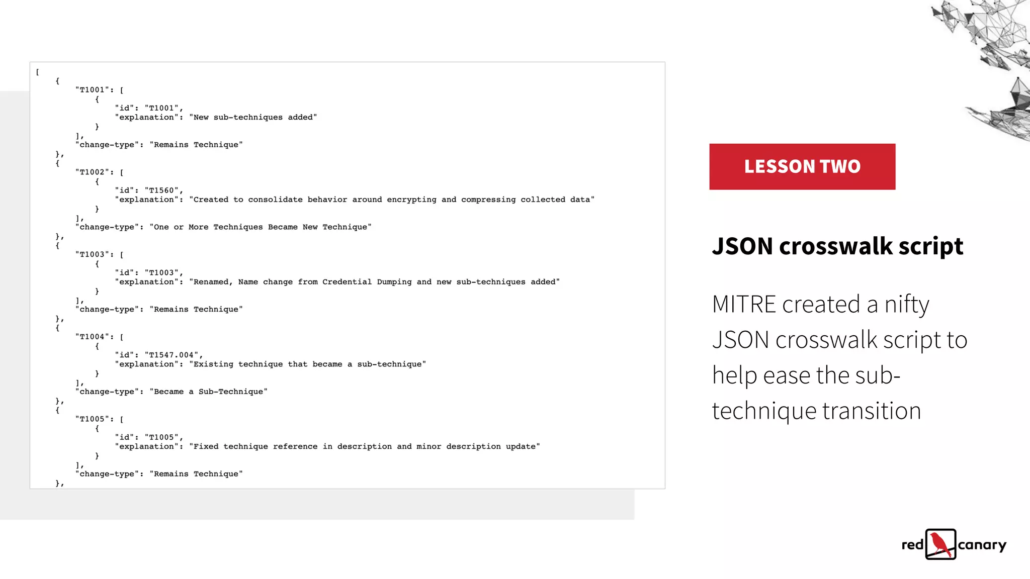 JSON crosswalk script
MITRE created a nifty
JSON crosswalk script to
help ease the sub-
technique transition
LESSON TWO
 
