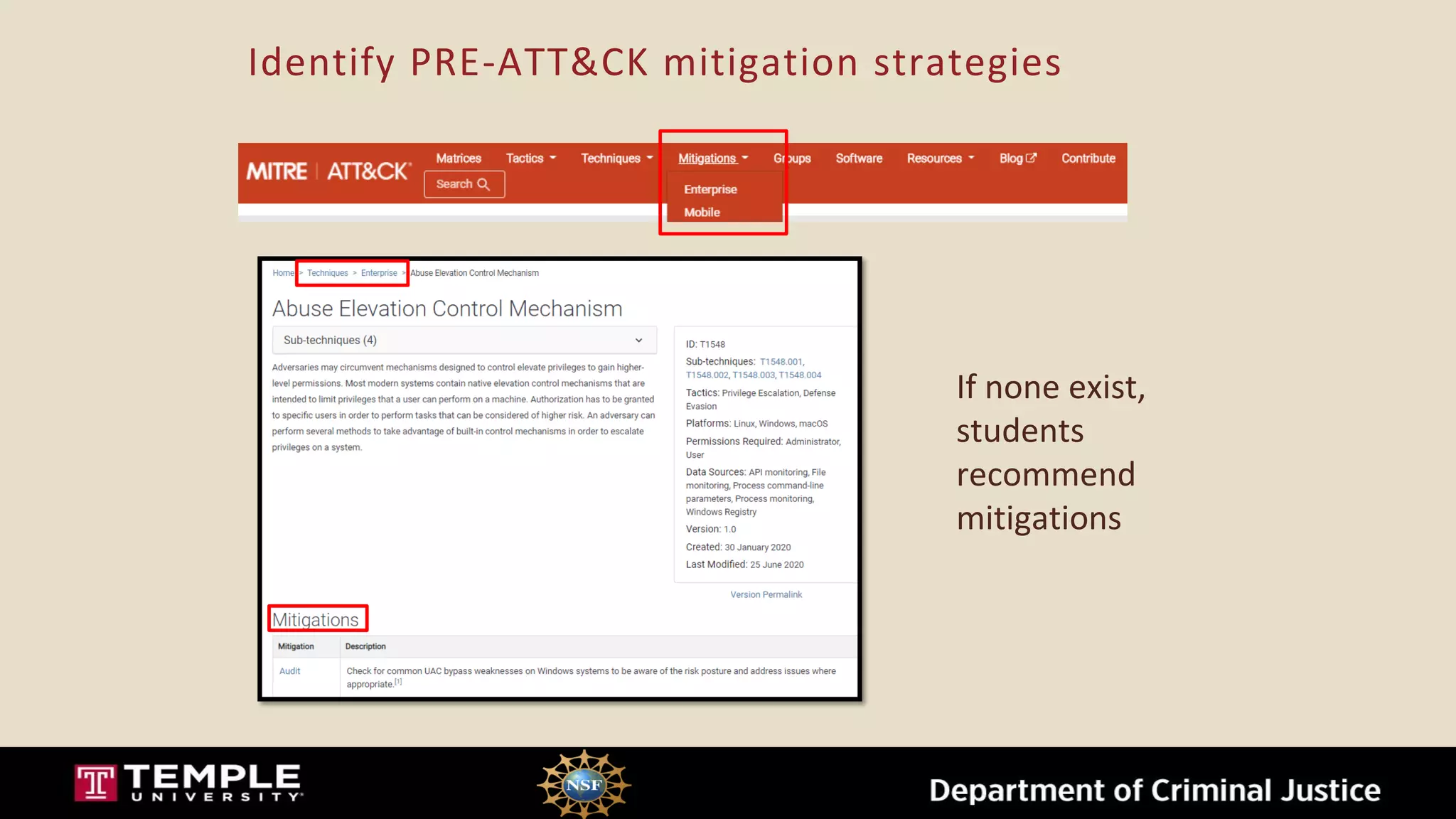 Identify PRE-ATT&CK mitigation strategies
If none exist,
students
recommend
mitigations
 