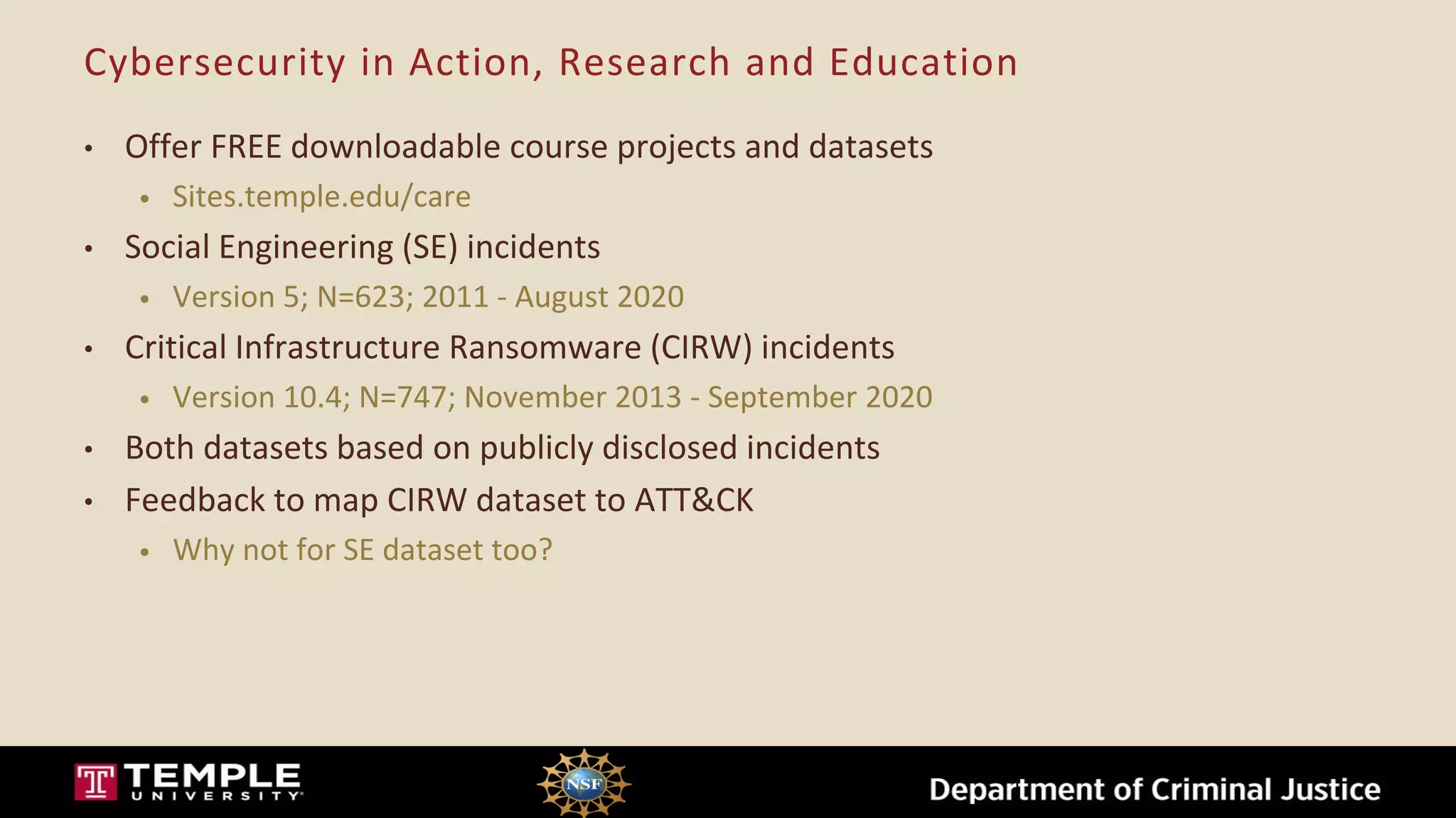 Cybersecurity in Action, Research and Education
• Offer FREE downloadable course projects and datasets
• Sites.temple.edu/care
• Social Engineering (SE) incidents
• Version 5; N=623; 2011 - August 2020
• Critical Infrastructure Ransomware (CIRW) incidents
• Version 10.4; N=747; November 2013 - September 2020
• Both datasets based on publicly disclosed incidents
• Feedback to map CIRW dataset to ATT&CK
• Why not for SE dataset too?
 