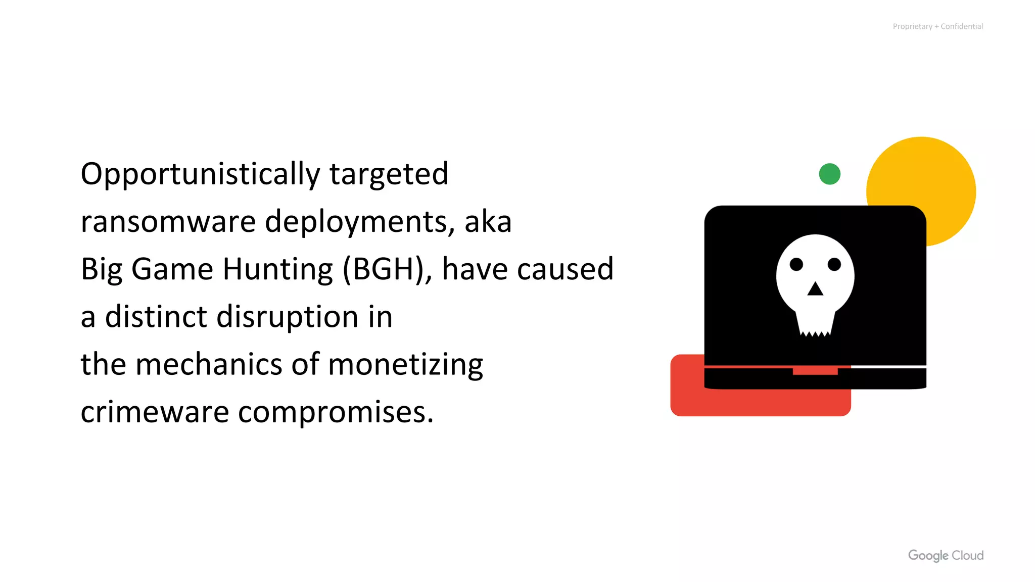 Proprietary + Confidential
Opportunistically targeted
ransomware deployments, aka
Big Game Hunting (BGH), have caused
a distinct disruption in
the mechanics of monetizing
crimeware compromises.
 