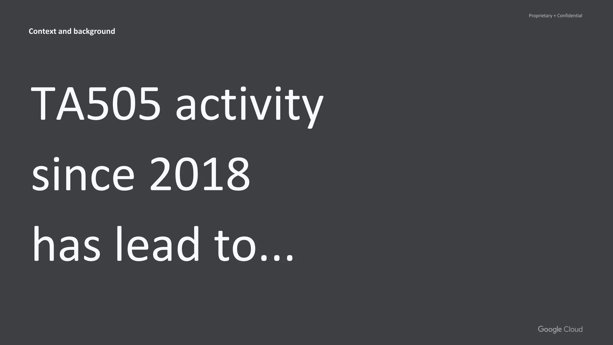 Proprietary + Confidential
TA505 activity
since 2018
has lead to...
Context and background
 