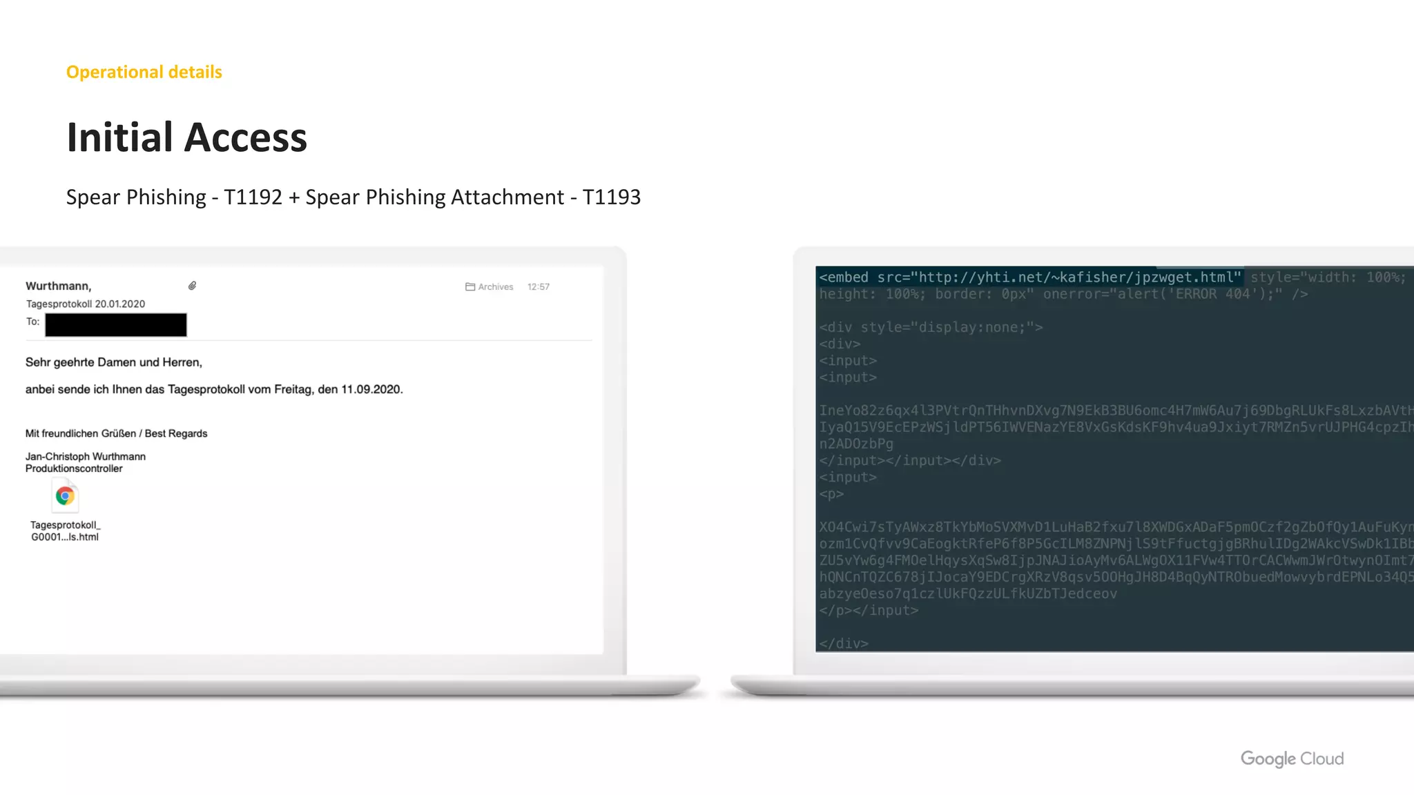 Operational details
Spear Phishing - T1192 + Spear Phishing Attachment - T1193
Initial Access
 
