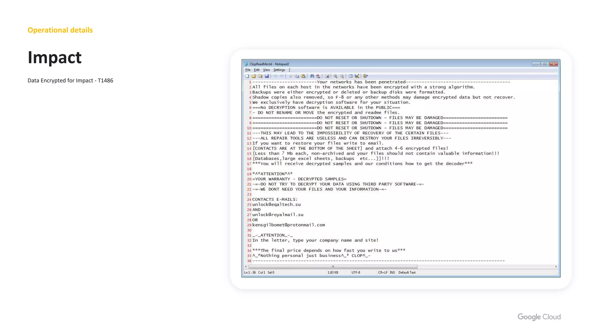 Operational details
Data Encrypted for Impact - T1486
Impact
 