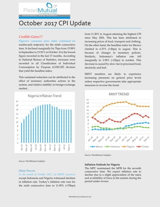©PearlMutual Consulting Ltd 2016
October 2017 CPI Update
Credible Gains!!!
Nigeria’s consumer price index continued its
southwards trajectory for the ninth consecutive
time. It declined marginally by 7bps from 15.98%
in September to 15.91% in October. It is the lowest
figure recorded in the last 17 months. According
to National Bureau of Statistics, increases were
recorded in all Classification of Individual
Consumption by Purpose (COICOP) division
that yield the headline index.
This sustained reduction can be attributed to the
effect of monetary authorities actions in the
system, and relative stability in foreign exchange
market..
Source: PearlMutual Analytics
Minty Flavors
In the month of October 2017, all MINT countries
except Indonesia and Nigeria witnessed declines
in inflation rate. Turkey’s inflation rate rose for
the sixth consecutive time to 11.90% (+70bps)
from 11.20% in August attaining the highest CPI
since May 2001. This has been attributed to
increasing prices of food, transport and clothing.
On the other hand, the headline index for Mexico
climbed to 6.37% (+2bps) in august. This is
because of changes in monetary policies.
Similarly, Indonesia’s inflation rate fell
marginally to 3.58% (-12bps) in october. This
decrease is caused by slow rise in processed food,
electricity and fuel.
MINT members are likely to experience
increasing pressures on general price levels
unless respective governments take appropriate
measures to reverse the trend.
Source: PearlMutual Analytics
Inflation Outlook for Nigeria
The MPC maintained the MPR for the seventh
consecutive time. We expect inflation rate to
decline due to a slight appreciation of the naira
and availability of forex in the market during the
period under review.
0
2
4
6
8
10
12
14
16
18
20
MINTTREND
Mexico Indonesia Nigeria Turkey
0
2
4
6
8
10
12
14
16
18
20
Jan-16
Mar-16
May-16
Jul-16
Sep-16
Nov-16
Jan-17
Mar-17
May-17
Jul-17
Sep-17
Nigeria InflationTrend
 