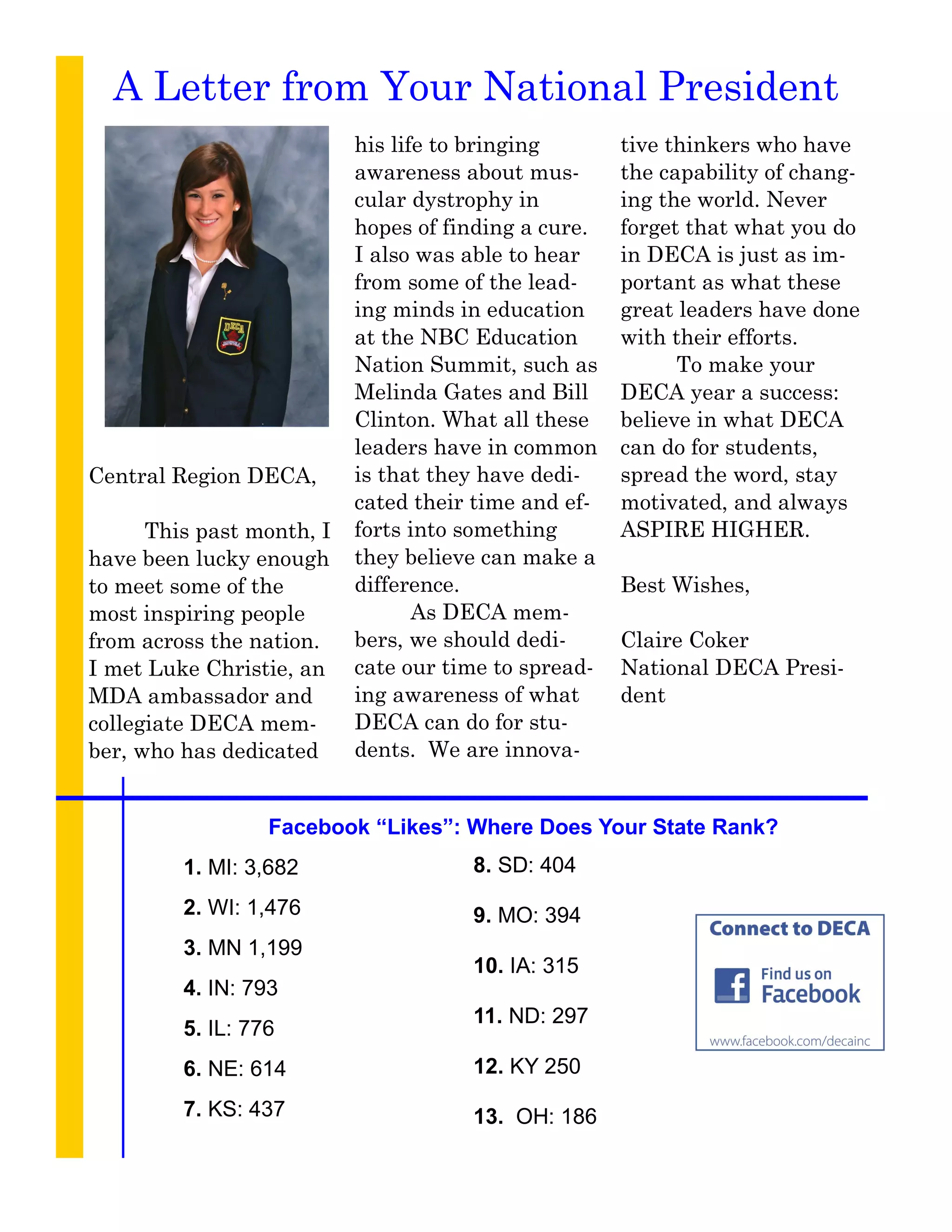 A Letter from Your National President
                           his life to bringing       tive thinkers who have
                           awareness about mus-       the capability of chang-
                           cular dystrophy in         ing the world. Never
                           hopes of finding a cure.   forget that what you do
                           I also was able to hear    in DECA is just as im-
                           from some of the lead-     portant as what these
                           ing minds in education     great leaders have done
                           at the NBC Education       with their efforts.
                           Nation Summit, such as           To make your
                           Melinda Gates and Bill     DECA year a success:
                           Clinton. What all these    believe in what DECA
                           leaders have in common     can do for students,
Central Region DECA,       is that they have dedi-    spread the word, stay
                           cated their time and ef-   motivated, and always
      This past month, I   forts into something       ASPIRE HIGHER.
have been lucky enough     they believe can make a
to meet some of the        difference.                Best Wishes,
most inspiring people             As DECA mem-
from across the nation.    bers, we should dedi-      Claire Coker
I met Luke Christie, an    cate our time to spread-   National DECA Presi-
MDA ambassador and         ing awareness of what      dent
collegiate DECA mem-       DECA can do for stu-
ber, who has dedicated     dents. We are innova-


                  Facebook “Likes”: Where Does Your State Rank?
         1. MI: 3,682                 8. SD: 404
         2. WI: 1,476                 9. MO: 394
         3. MN 1,199
                                      10. IA: 315
         4. IN: 793
                                      11. ND: 297
         5. IL: 776
         6. NE: 614                   12. KY 250
         7. KS: 437                   13. OH: 186
 