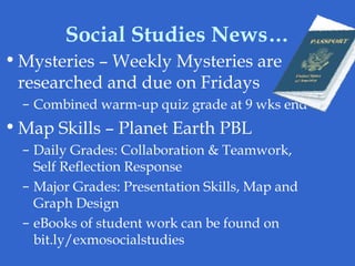 Social Studies News…
•Mysteries – Weekly Mysteries are
researched and due on Fridays
– Combined warm-up quiz grade at 9 wks end
•Map Skills – Planet Earth PBL
– Daily Grades: Collaboration & Teamwork,
Self Reflection Response
– Major Grades: Presentation Skills, Map and
Graph Design
– eBooks of student work can be found on
bit.ly/exmosocialstudies
 
