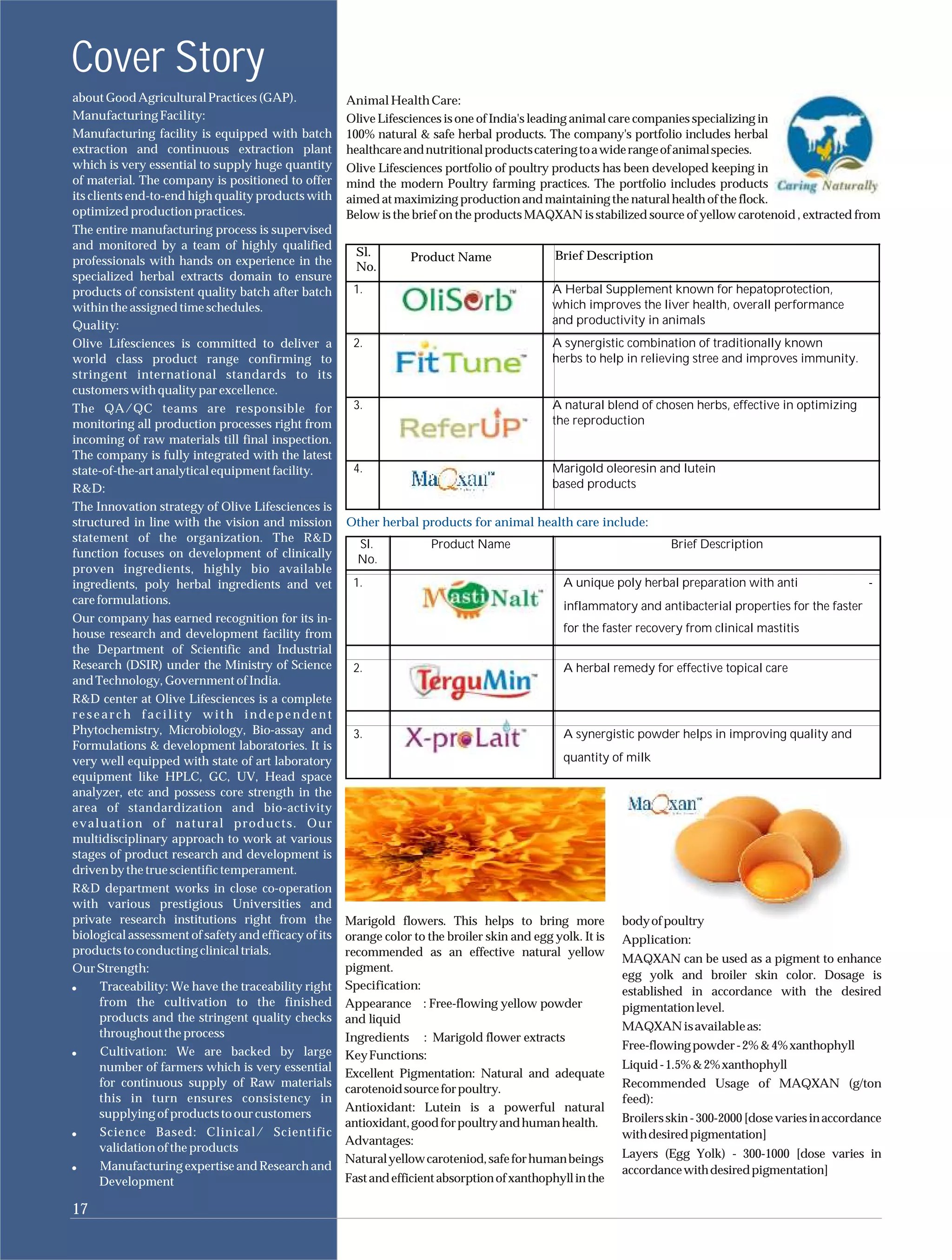 Cover Story
about Good Agricultural Practices (GAP).              Animal Health Care:
Manufacturing Facility:                               Olive Lifesciences is one of India's leading animal care companies specializing in
Manufacturing facility is equipped with batch         100% natural & safe herbal products. The company's portfolio includes herbal
extraction and continuous extraction plant            healthcare and nutritional products catering to a wide range of animal species.
which is very essential to supply huge quantity       Olive Lifesciences portfolio of poultry products has been developed keeping in
of material. The company is positioned to offer       mind the modern Poultry farming practices. The portfolio includes products
its clients end-to-end high quality products with     aimed at maximizing production and maintaining the natural health of the flock.
optimized production practices.                       Below is the brief on the products MAQXAN is stabilized source of yellow carotenoid , extracted from
The entire manufacturing process is supervised
and monitored by a team of highly qualified
                                                        Sl.        Product Name                 Brief Description
professionals with hands on experience in the           No.
specialized herbal extracts domain to ensure
products of consistent quality batch after batch       1.                                      A Herbal Supplement known for hepatoprotection,
within the assigned time schedules.                                                            which improves the liver health, overall performance
Quality:                                                                                       and productivity in animals
Olive Lifesciences is committed to deliver a           2.                                      A synergistic combination of traditionally known
world class product range confirming to                                                        herbs to help in relieving stree and improves immunity.
stringent international standards to its
customers with quality par excellence.
The QA/QC teams are responsible for                    3.                                      A natural blend of chosen herbs, effective in optimizing
monitoring all production processes right from                                                 the reproduction
incoming of raw materials till final inspection.
The company is fully integrated with the latest
state-of-the-art analytical equipment facility.        4.                                      Marigold oleoresin and lutein
R&D:                                                                                           based products
The Innovation strategy of Olive Lifesciences is
structured in line with the vision and mission        Other herbal products for animal health care include:
statement of the organization. The R&D
                                                        Sl.            Product Name                                   Brief Description
function focuses on development of clinically           No.
proven ingredients, highly bio available
ingredients, poly herbal ingredients and vet           1.                                        A unique poly herbal preparation with anti                  -
care formulations.                                                                               inflammatory and antibacterial properties for the faster
Our company has earned recognition for its in-
house research and development facility from                                                     for the faster recovery from clinical mastitis
the Department of Scientific and Industrial
Research (DSIR) under the Ministry of Science          2.                                        A herbal remedy for effective topical care
and Technology, Government of India.
R&D center at Olive Lifesciences is a complete
research facility with independent
Phytochemistry, Microbiology, Bio-assay and            3.                                        A synergistic powder helps in improving quality and
Formulations & development laboratories. It is
very well equipped with state of art laboratory                                                  quantity of milk
equipment like HPLC, GC, UV, Head space
analyzer, etc and possess core strength in the
area of standardization and bio-activity
evaluation of natural products. Our
multidisciplinary approach to work at various
stages of product research and development is
driven by the true scientific temperament.
R&D department works in close co-operation
with various prestigious Universities and
private research institutions right from the          Marigold flowers. This helps to bring more             body of poultry
biological assessment of safety and efficacy of its   orange color to the broiler skin and egg yolk. It is   Application:
products to conducting clinical trials.               recommended as an effective natural yellow
                                                                                                             MAQXAN can be used as a pigment to enhance
Our Strength:                                         pigment.
                                                                                                             egg yolk and broiler skin color. Dosage is
       Traceability: We have the traceability right   Specification:                                         established in accordance with the desired
       from the cultivation to the finished           Appearance : Free-flowing yellow powder                pigmentation level.
       products and the stringent quality checks      and liquid
                                                                                                             MAQXAN is available as:
       throughout the process                         Ingredients : Marigold flower extracts
       Cultivation: We are backed by large                                                                   Free-flowing powder - 2% & 4% xanthophyll
                                                      Key Functions:
       number of farmers which is very essential                                                             Liquid - 1.5% & 2% xanthophyll
                                                      Excellent Pigmentation: Natural and adequate
       for continuous supply of Raw materials                                                                Recommended Usage of MAQXAN (g/ton
                                                      carotenoid source for poultry.
       this in turn ensures consistency in                                                                   feed):
                                                      Antioxidant: Lutein is a powerful natural
       supplying of products to our customers                                                                Broilers skin - 300-2000 [dose varies in accordance
                                                      antioxidant, good for poultry and human health.
       Science Based: Clinical/ Scientific                                                                   with desired pigmentation]
                                                      Advantages:
       validation of the products                                                                            Layers (Egg Yolk) - 300-1000 [dose varies in
                                                      Natural yellow caroteniod, safe for human beings
       Manufacturing expertise and Research and                                                              accordance with desired pigmentation]
       Development                                    Fast and efficient absorption of xanthophyll in the

17
 
