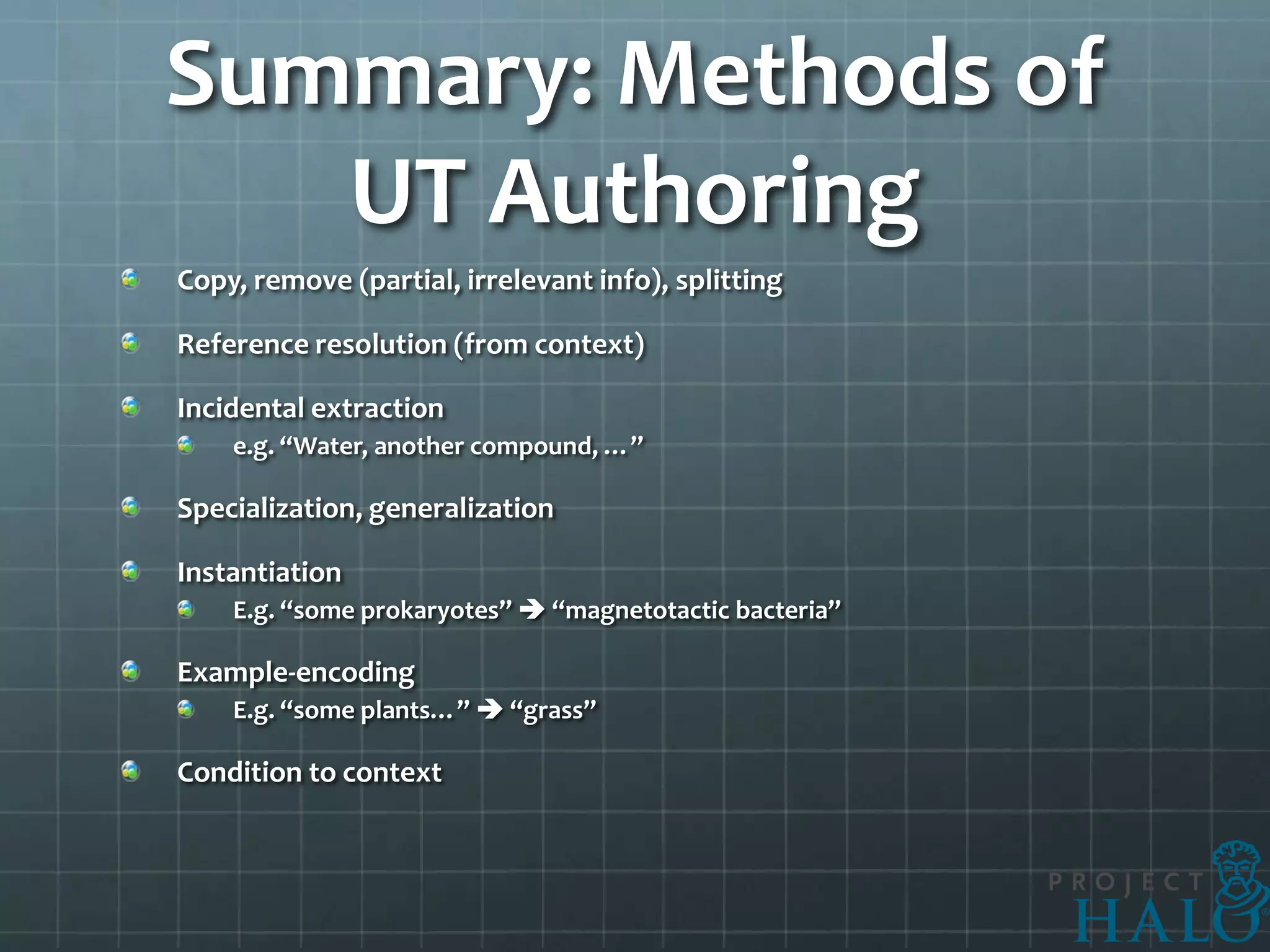 Summary: Methods of
   UT Authoring
Copy, remove (partial, irrelevant info), splitting

Reference resolution (from context)

Incidental extraction
    e.g. “Water, another compound, …”

Specialization, generalization

Instantiation
    E.g. “some prokaryotes”  “magnetotactic bacteria”

Example-encoding
    E.g. “some plants…”  “grass”

Condition to context
 