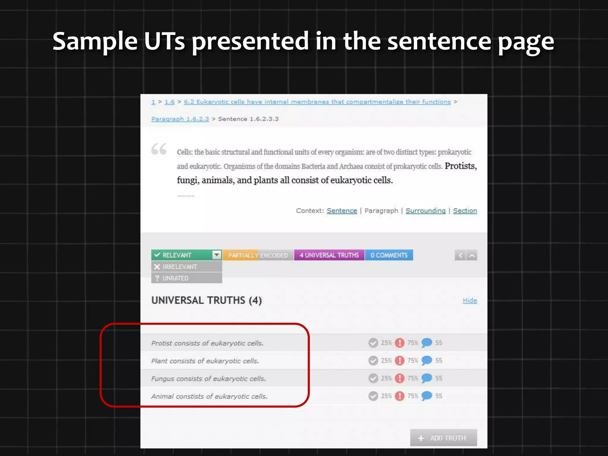 Sample UTs presented in the sentence page
 