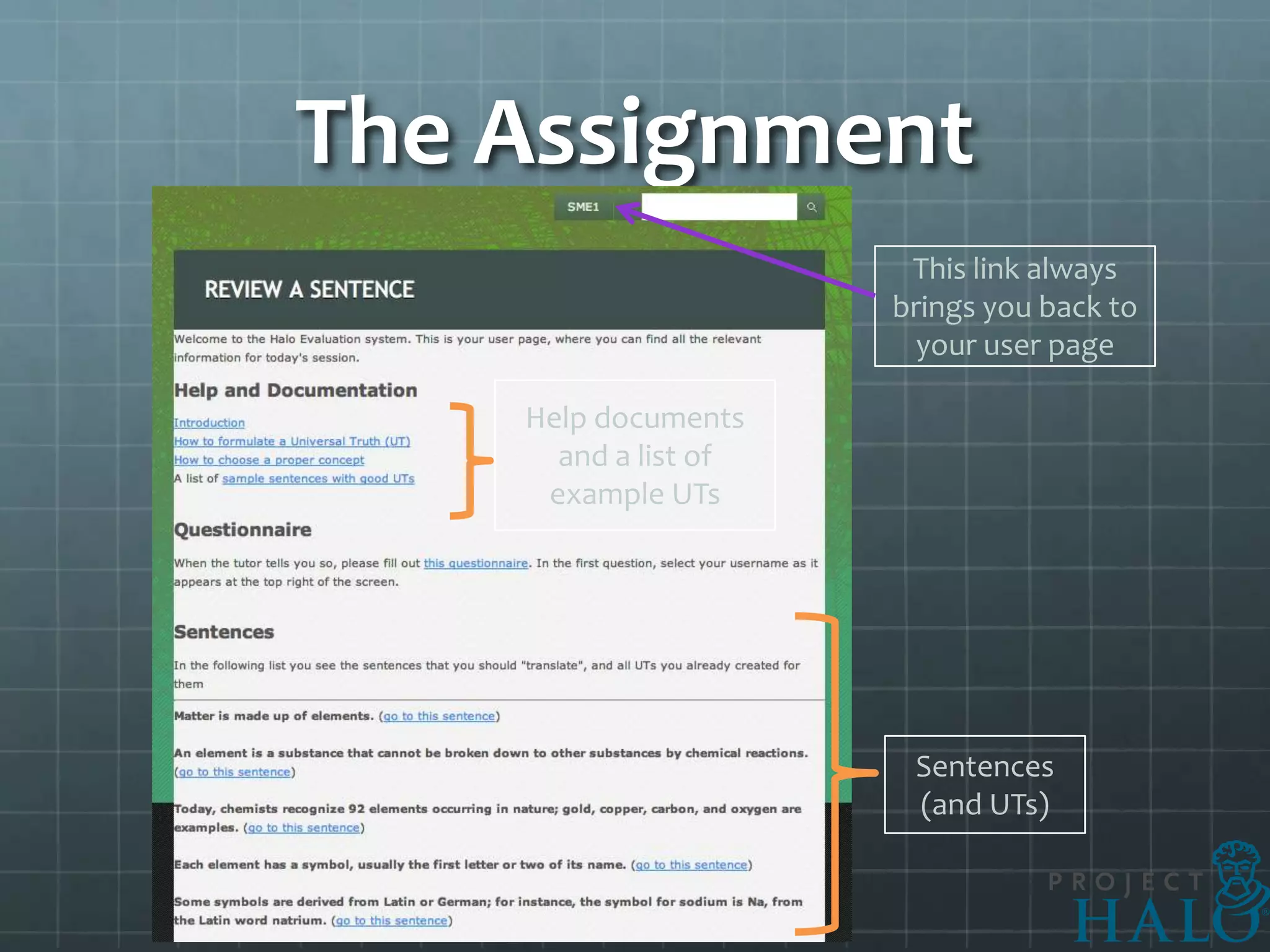 The Assignment
                       This link always
                      brings you back to
                        your user page

    Help documents
      and a list of
     example UTs




                       Sentences
                       (and UTs)
 