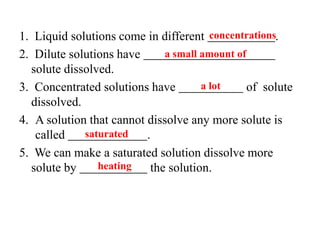 1. Liquid solutions come in different concentrations.
a small amount of
2. Dilute solutions have
solute dissolved.
a lot
3. Concentrated solutions have
of solute
dissolved.
4. A solution that cannot dissolve any more solute is
saturated
called
.
5. We can make a saturated solution dissolve more
heating
solute by
the solution.

 
