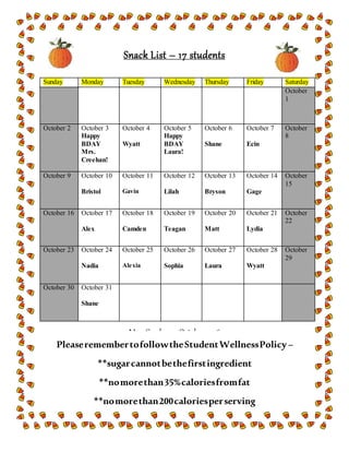 Snack List – 17 students
Mrs. Creehan October 2016
Sunday Monday Tuesday Wednesday Thursday Friday Saturday
October
1
October 2 October 3
Happy
BDAY
Mrs.
Creehan!
October 4
Wyatt
October 5
Happy
BDAY
Laura!
October 6
Shane
October 7
Ecin
October
8
October 9 October 10
Bristol
October 11
Gavin
October 12
Lilah
October 13
Bryson
October 14
Gage
October
15
October 16 October 17
Alex
October 18
Camden
October 19
Teagan
October 20
Matt
October 21
Lydia
October
22
October 23 October 24
Nadia
October 25
Alexia
October 26
Sophia
October 27
Laura
October 28
Wyatt
October
29
October 30 October 31
Shane
PleaseremembertofollowtheStudentWellnessPolicy–
**sugarcannotbethefirstingredient
**nomorethan35%caloriesfromfat
**nomorethan200caloriesperserving
Youmay bring ina special treat for your birthday
celebration!
 