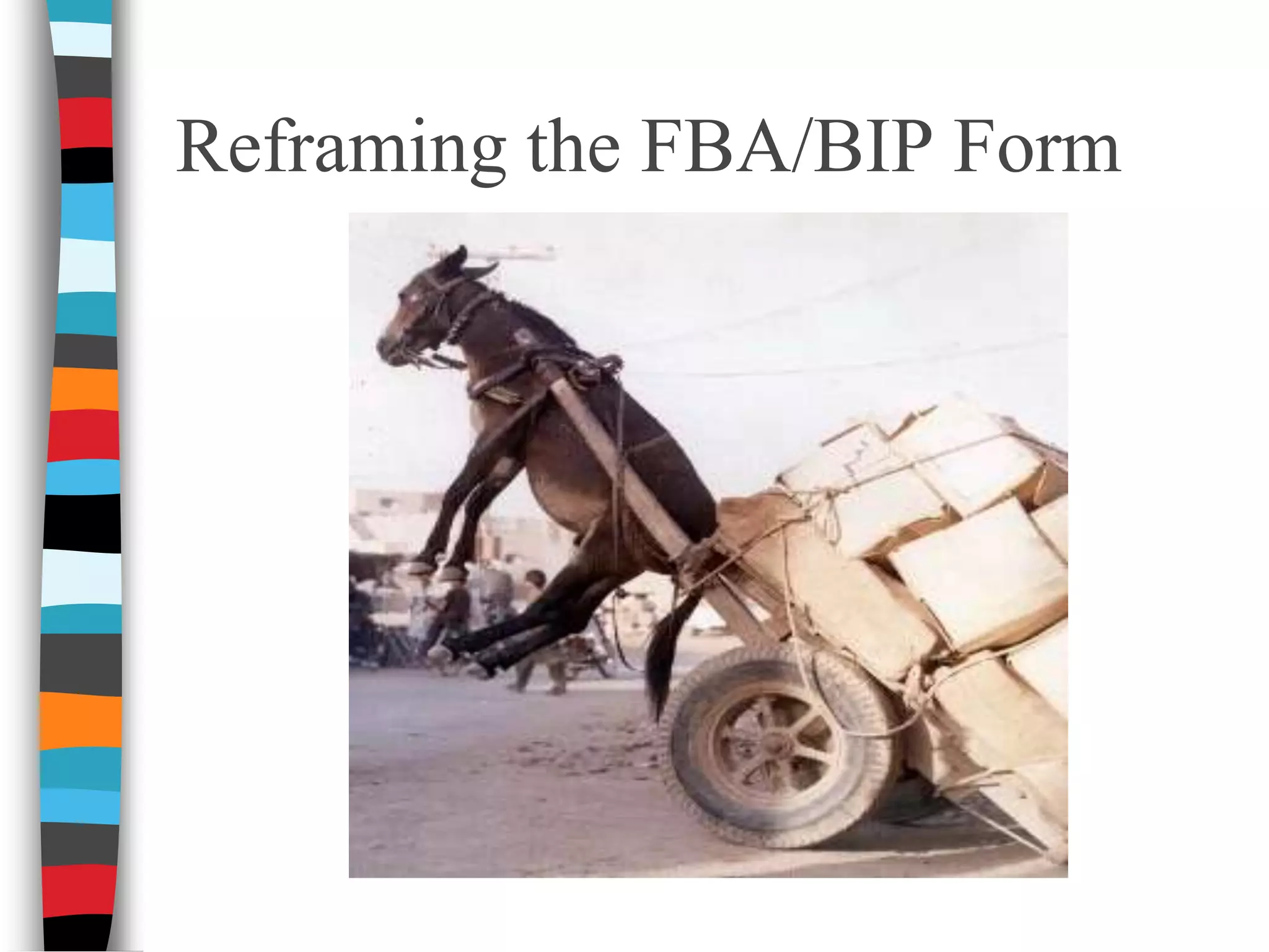 Competing Behavior PathwayO’Neil et. al (1997)DesiredAlternativeTypicalConsequencedo workw/ocomplaints.points,praise,questions,more workTriggers(Antecedents)MaintainingConsequencesProblemBehaviorSetting EventsLeaves room, yelling, papers on floorgiven difficultmath assignmentafter long periods of seat workavoid task,removed fromclassAcceptableAlternativeask for break, ask for help.