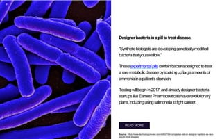 Designerbacteriainapilltotreatdisease.
“Syntheticbiologistsaredevelopinggeneticallymodified
bacteriathatyouswallow.”
These...