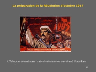 32
La préparation de la Révolution d’octobre 1917
Affiche pour commémorer la révolte des matelots du cuirassé Potemkine
 