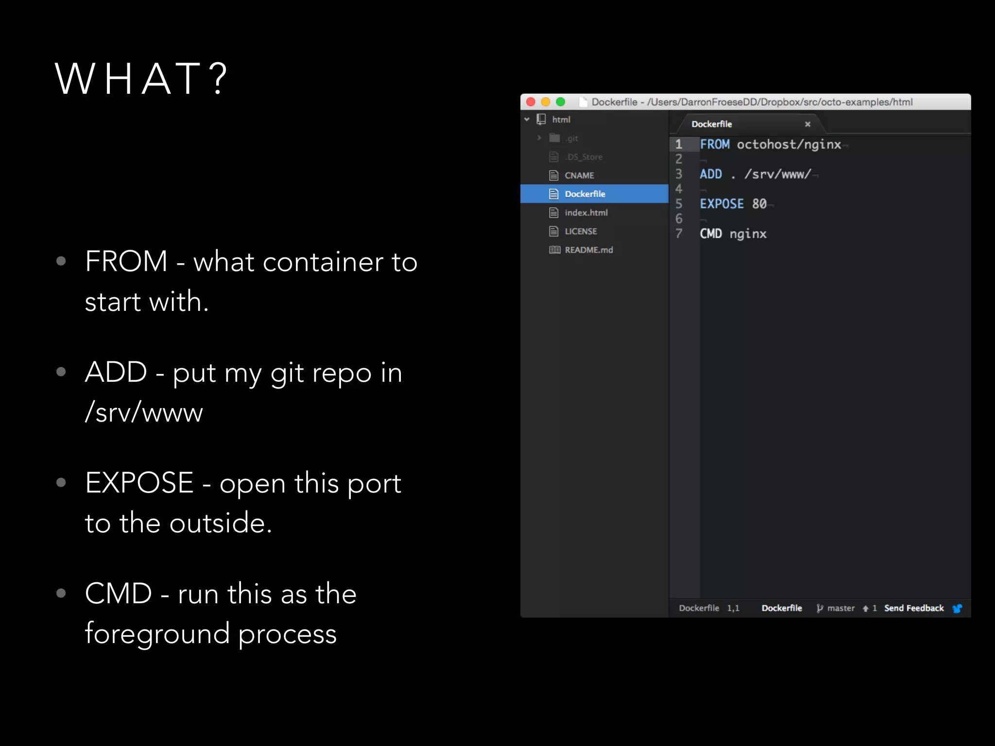 WHAT? 
• FROM - what container to 
start with. 
• ADD - put my git repo in 
/srv/www 
• EXPOSE - open this port 
to the outside. 
• CMD - run this as the 
foreground process 
 