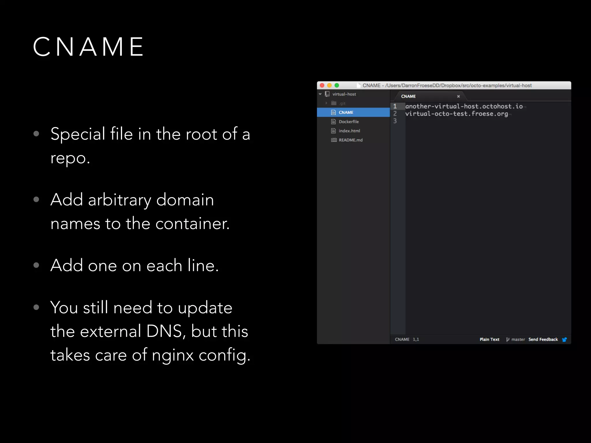 CNAME 
• Special file in the root of a 
repo. 
• Add arbitrary domain 
names to the container. 
• Add one on each line. 
• You still need to update 
the external DNS, but this 
takes care of nginx config. 
 
