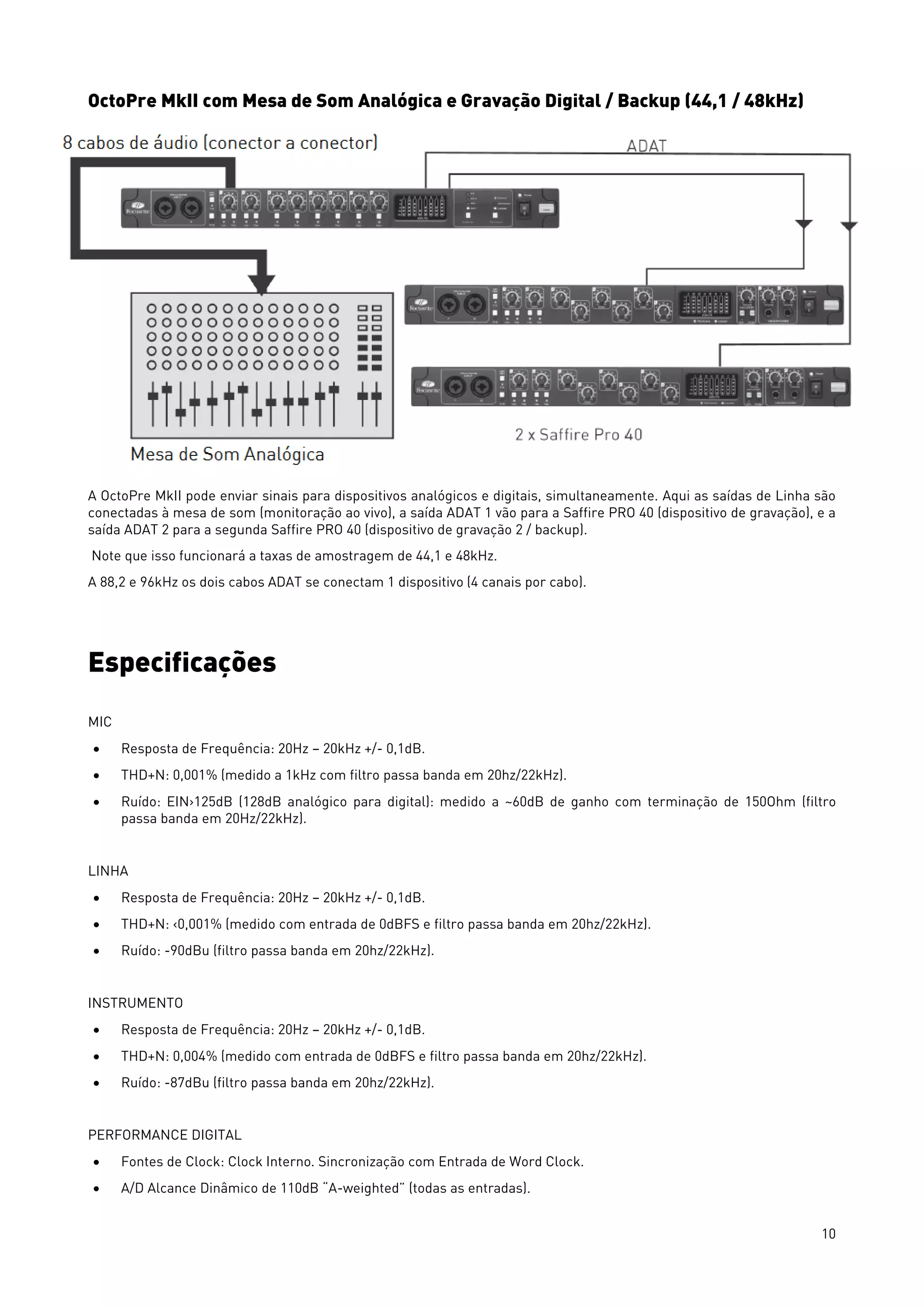 10
OctoPre MkII com Mesa de Som Analógica e Gravação Digital / Backup (44,1 / 48kHz)
A OctoPre MkII pode enviar sinais para dispositivos analógicos e digitais, simultaneamente. Aqui as saídas de Linha são
conectadas à mesa de som (monitoração ao vivo), a saída ADAT 1 vão para a Saffire PRO 40 (dispositivo de gravação), e a
saída ADAT 2 para a segunda Saffire PRO 40 (dispositivo de gravação 2 / backup).
Note que isso funcionará a taxas de amostragem de 44,1 e 48kHz.
A 88,2 e 96kHz os dois cabos ADAT se conectam 1 dispositivo (4 canais por cabo).
Especificações
MIC
• Resposta de Frequência: 20Hz – 20kHz +/- 0,1dB.
• THD+N: 0,001% (medido a 1kHz com filtro passa banda em 20hz/22kHz).
• Ruído: EIN›125dB (128dB analógico para digital): medido a ~60dB de ganho com terminação de 150Ohm (filtro
passa banda em 20Hz/22kHz).
LINHA
• Resposta de Frequência: 20Hz – 20kHz +/- 0,1dB.
• THD+N: ‹0,001% (medido com entrada de 0dBFS e filtro passa banda em 20hz/22kHz).
• Ruído: -90dBu (filtro passa banda em 20hz/22kHz).
INSTRUMENTO
• Resposta de Frequência: 20Hz – 20kHz +/- 0,1dB.
• THD+N: 0,004% (medido com entrada de 0dBFS e filtro passa banda em 20hz/22kHz).
• Ruído: -87dBu (filtro passa banda em 20hz/22kHz).
PERFORMANCE DIGITAL
• Fontes de Clock: Clock Interno. Sincronização com Entrada de Word Clock.
• A/D Alcance Dinâmico de 110dB “A-weighted” (todas as entradas).
 