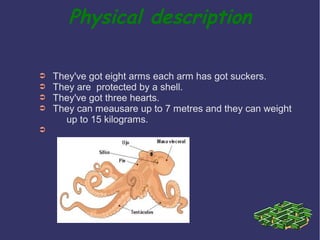 Physical description
➲
➲
➲
➲
➲

They've got eight arms each arm has got suckers.
They are protected by a shell.
They've go...
