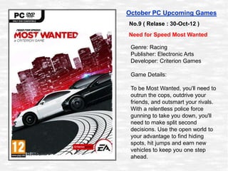 October PC Upcoming Games
No.9 ( Relase : 30-Oct-12 )
Need for Speed Most Wanted

 Genre: Racing
 Publisher: Electronic Ar...