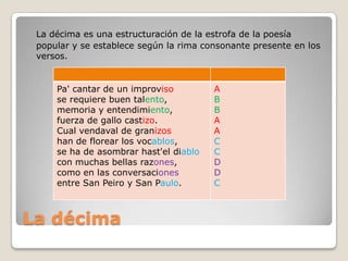 La décimaLa décima es una estructuración de la estrofa de la poesía popular y se establece según la rima consonante presente en los versos. 