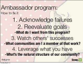 1. Acknowledge failures
2. Reevaluate goals
-What do I want from this program?
3. Watch others’ successes
-What communities am I a member of that work?
4. Leverage what you have
-What’s the natural structure of our community?
@allygreer
Ambassador program:
How to ﬁx it
Thursday, May 29, 14
 