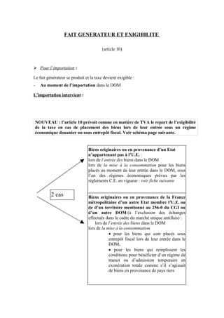 FAIT GENERATEUR ET EXIGIBILITE
(article 10)
Ø Pour l’importation :
Le fait générateur se produit et la taxe devient exigible :
- Au moment de l’importation dans le DOM
L’importation intervient :
NOUVEAU : l’article 10 prévoit comme en matière de TVA le report de l’exigibilité
de la taxe en cas de placement des biens lors de leur entrée sous un régime
économique douanier ou sous entrepôt fiscal. Voir schéma page suivante.
Biens originaires ou en provenance d’un Etat
n’appartenant pas à l’U.E. :
lors de l’entrée des biens dans le DOM
lors de la mise à la consommation pour les biens
placés au moment de leur entrée dans le DOM, sous
l’un des régimes économiques prévus par les
règlements C.E. en vigueur : voir fiche suivante
Biens originaires ou en provenance de la France
métropolitaine d’un autre Etat membre l’U.E. ou
de d’un territoire mentionné au 256-0 du CGI ou
d’un autre DOM (à l’exclusion des échanges
effectués dans le cadre du marché unique antillais) :
lors de l’entrée des biens dans le DOM
lors de la mise à la consommation
 pour les biens qui sont placés sous
entrepôt fiscal lors de leur entrée dans le
DOM,
 pour les biens qui remplissent les
conditions pour bénéficier d’un régime de
transit ou d’admission temporaire en
exonération totale comme s’il s’agissait
de biens en provenance de pays tiers
2 cas
 
