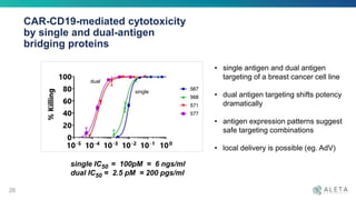 CAR-CD19-mediated cytotoxicity
by single and dual-antigen
bridging proteins
26
single
dual
single IC50 = 100pM = 6 ngs/ml
dual IC50 = 2.5 pM = 200 pgs/ml
• single antigen and dual antigen
targeting of a breast cancer cell line
• dual antigen targeting shifts potency
dramatically
• antigen expression patterns suggest
safe targeting combinations
• local delivery is possible (eg. AdV)
 