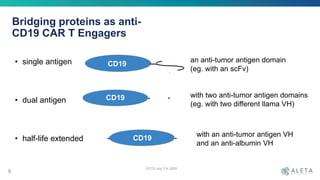 Bridging proteins as anti-
CD19 CAR T Engagers
OCTS July 7-9, 2020
8
an anti-tumor antigen domain
(eg. with an scFv)
with two anti-tumor antigen domains
(eg. with two different llama VH)
with an anti-tumor antigen VH
and an anti-albumin VH
• single antigen
• dual antigen
• half-life extended
PromoterCAR192Adualepitopebridgingprotein
CAR19
omoterCAR192Adualepitopebridgingprotein
CAR19
CD19 VH-1 VH-2
CAR19
CD19
PromoterCAR192Adualepitopebridgingprotein
CAR19CD19
CAR19 2A dual epitope bridging protein
VH-1 VH-2
Vh
Vl
 
