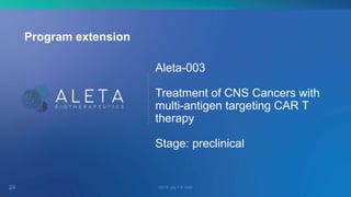 Aleta-003
Treatment of CNS Cancers with
multi-antigen targeting CAR T
therapy
Stage: preclinical
24 OCTS July 7-9, 2020
Pr...