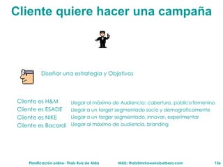 Cliente  quiere hacer una campaña Diseñar una estrategia y Objetivos Cliente es H&M Cliente es ESADE Cliente es NIKE Cliente es Bacardi Llegar al máximo de Audiencia: cobertura, público femenino Llegar a un target segmentado socio y demograficamente Llegar a un targer segmentado, innovar, experimentar Llegar al máximo de audiencia, branding 