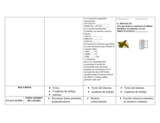 1.- Calcula las siguientes              .....................   ......................
                                                        operaciones.
                                                        (36+54)/10=..........................   4.- RESUELVE
                                                        (4000/10)+ (50/10)=.............        ¿En que fecha se construyó el edificio
                                                        2.- Calcula mentalmente.                del Banco Territorial, si se lee
                                                        Cuéntale a tu maestro como lo           MDCCCLXXXVI.........................
                                                        hiciste.
                                                        140/10=....................
                                                        8900/10=..................
                                                        3450/10=..............
                                                        3.-Calcula los términos que faltan
                                                        en estas divisiones para obtener el
                                                        cociente dado.
                                                        1200/........=12
                                                        12000/......=12
                                                        1200/.........=120
                                                        4.- Resuelve
                                                        a) En la comunidad afro
                                                        ecuatoriana Cauchal de
                                                        Esmeraldas doce personas
                                                        pintaran un cerramiento. Si el
                                                        cerramiento tiene 648 tablas
                                                        ¿podrán pintar el mismo número
                                                        de tablas? ¿Cuántas tablas
                                                        pintaran cada uno?

                                                        <
       RECURSOS             Texto                               Texto del alumno                             Texto del alumno
                            Cuaderno de trabajo                 cuaderno de trabajo                          cuaderno de trabajo
                            entorno
             INDICADORES   Reconoce líneas paralelas,          Realiza                                     Escribe números naturales
EVALUACIÓN     DE LOGRO    perpendiculares,                    correctamente                               en números romanos.
 