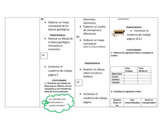 (A)                                          diferentes                         económicas
          Elaborar un mapa                   elementos.
          conceptual de las                  Elaborar un cuadro                          TRANSFERENCIA
          épocas geológicas.                 de semejanza y                                     Contestar el
           TRANSFERENCIA
                                             diferencias                                  cuaderno de trabajo
                                       (A)
          Realizar un dibujo de                                                           página 10,11
                                             Elaborar un mapa
          la época geológica
                                             conceptual
          mesozoica y                        sobre la Cultura Valdivia
          cenozoica.                                                                       CUESTIONARIO
                                                                         1.- Observa las siguientes fotos y completa el
 AA                                                                      cuadro.


                                              TRANSFERENCIA
          Contestar el                                                                  Casa           Casa
          cuaderno de trabajo                Realizar Un dibujo                         Antigua        Moderna
                                             sobre la Cultura             Materiales
          página 5
                                             Valdivia                     Forma
               CUESTIONARIO                                               Jardines
                                       AA                                 Tamaño
      1.- Pintemos con celeste las
      ideas que se refieren a la era
      mesozoica y con amarillo las
      ideas de la era cenozoica.                                         2.- Completa el siguiente cuadro
                                             Contestar el
          Un asteroide coco                  cuaderno de trabajo
                                                                           Quienes           Que           Como se
          provocando un                      página                        vivían en    comercializaban transportaban
          cambio climático                                                    las
 