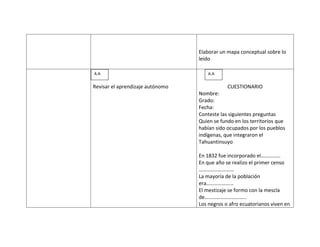 Elaborar un mapa conceptual sobre lo
                                  leído

A.A                                  A.A
nue
Revisar el aprendizaje autónomo
vos                                           CUESTIONARIO
                                  Nombre:
con
                                  Grado:
oci                               Fecha:
mie                               Conteste las siguientes preguntas
ntos                              Quien se fundo en los territorios que
a                                 habían sido ocupados por los pueblos
base                              indígenas, que integraron el
de                                Tahuantinsuyo
preg
                                  En 1832 fue incorporado el……………
unta                              En que año se realizo el primer censo
s                                 ………………………
                                  La mayoría de la población
¿Qu
                                  era…………………
é es                              El mestizaje se formo con la mescla
para                              de…………………………..
Ud.                               Los negros o afro ecuatorianos viven en
hist
oria
?
 
