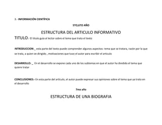 3.- INFORMACIÓN CIENTÍFICA

                                                    5TO,6TO AÑO

                        ESTRUCTURA DEL ARTICULO INFORMATIVO
TITULO:- El titulo guía al lector sobre el tema que trata el texto

INTRODUCCION:_ esta parte del texto puede comprender algunos aspectos: rema que se tratara, razón por la que
se trata, a quien ve dirigido , motivaciones que tuvo el autor para escribir el articulo


DESARROLLO: _ En el desarrollo se expone cada uno de los subtemas en que el autor ha dividido el tema que
quiere tratar



CONCLUSIONES:- En esta parte del artículo, el autor puede expresar sus opiniones sobre el tema que ya trato en
el desarrollo

                                                       7mo año

                                ESTRUCTURA DE UNA BIOGRAFIA
 