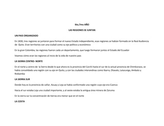 6to,7mo AÑO

                                                      LAS REGIONES SE JUNTAN

UN PAIS ORGANIZADO

En 1830, tres regiones se juntaron para formar el nuevo Estado independiente, esas regiones se habían formado en la Real Audiencia
de Quito .Eran territorios con una ciudad como su eje político y económico

En la gran Colombia, las regiones fueron cada un departamento, que luego formaron juntos el Estado del Ecuador

Veamos cómo eran las regiones al inicio de la vida de nuestro pais

LA SIERRA CENTRO- NORTE

En el norte y centro de la Sierra desde lo que ahora es la provincia del Carchi hasta el sur de la actual provincia de Chimborazo, se
había consolidado una región con su eje en Quito, y con las ciudades interandinas como Ibarra, Otavalo, Latacunga, Ambato y
Riobamba

LA SIERRA SUR

Donde hoy es la provincia de cañar, Azuay y Loja se había conformado una región cuyo eje era Cuenca

Hacia el sur estaba Loja una ciudad importante, y al oeste estaba la antigua área minera de Zaruma

En la sierra sur la concentración de tierras era menor que en el norte

LA COSTA
 