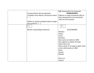 A.R.-Esquematizar las respuestas
Se desarrollaron técnicas agrícolas                     TRANSFERENCIA
complejas como abonos, terrazas de cultivo   Elaborar un mapa conceptual sobre el
( )                                          tema extrayendo lo mas esencial de
                                             cada uno de los grupos
Elabora un mapa conceptual sobre el origen
de la cerámica ( )
A.A                                              A.A
nue
Revisar el aprendizaje autónomo                 ¿Qu      CUESTIONARIO
vos
                                                é es
                                             Nombre:
con
                                             Grado:
                                                para
oci                                          Fecha:
                                                Ud.
mie                                          Contesta:
                                                hist
ntos                                         Que suceso se realizo en 1830
                                                oria
a                                            Esas regiones se habían formado
                                                ?
                                             dentro de la real
base
de                                           Ubica y pinta en el mapa la región costa
                                             y sierra del Ecuador en 1830
preg
                                             Costa
unta                                         Guayas
s                                            Manabí
¿Qu
                                             Sierra sur
é es                                         Cuenca
para
Ud.
hist
oria
?
 