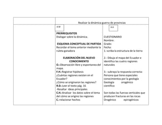Realizar la dinámica guerra de provincias
A.M                                           A.A

PRERREQUISITOS
Dialogar sobre la dinámica.           CUESTIONARIO
                                      Nombre:
 ESQUEMA CONCEPTUAL DE PARTIDA Grado:
Recordar el tema anterior mediante la Fecha:
ruleta ganadora                       1.-scriba la estructura de la tierra

      ELABORACIÓN DEL NUEVO             2.- Dibuja el mapa del Ecuador e
           CONOCIMIENTO                 identifica las cuatro regiones
O.-Observación libre y espontanea del   naturales
mapa.
F.H.-Registrar hipótesis                3.- subraya la respuesta correcta:
¿Cuántas regiones existen en el         Persona que tiene especiales
Ecuador?                                conocimientos por la geología
¿Cómo se originaron las regiones?       Geología        orogénico
R.D.-Leer el texto pág. 16              científico
-Resaltar ideas principales
C.H.-Analizar los datos sobre el tema   Son todas las fuerzas verticales que
del cómo se origino las regiones        producen fracturas en las rocas
C.-relacionar hechos                    Orogénico        epirogénicos
 