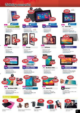 5
5959€
IVA incluido
7575€
IVA incluido
999999€
IVA incluido
Accesorios
10”
 » Quad Core Cortex 1.3 GHz
 » Pantalla 10.1” IPS HD
 » Capacidad 16/32 Gb, RAM 2 GB
 » Android KitKat 4.4
Bq Edison 3 32GB
10”
8”
 » Intel Atom Z3735F 1.83 GHz
 » Pantalla 8” IPS
 » Capacidad 16 Gb
 » Android KitKat 4.4
Bq Edison 3 Mini
8”
8”
 » Intel Atom Quad Core 1.33/1.83 GHz
 » Pantalla 8” IPS
 » Capacidad 32 Gb
 » Windows 8.1
Iconia W1-810
8” 10”
 » Atom Quad Core 1.83 GHz
 » Pantalla 10.1” IPS
 » Capacidad 32 Gb, RAM 2 Gb
 » Windows 8.1 + Oﬃce 365 (1 año)
Tesla 2 W8
10”
Tesla 2 W8
9.7”
 » Quad Core 1.2 Ghz
 » Pantalla 9,7” IPS HD
 » Capacidad 8 Gb, Miracast
 » Android KitKat 4.4
GLOW 9.7 W Slim
9.7”
GLOW 9.7 W Slim
10.1”
 » Quad Core 1.8 Ghz
 » Pantalla 10.1” IPS
 » Capacidad 16/32 Gb
 » Windows 8.1 + Oﬃce 365 (1 año)
Winbook 10.1
10.1”
Winbook 10.1
11.6”
 » Quad Core 1.8 Ghz
 » Pantalla 11.6” IPS
 » Capacidad 32 Gb
 » Windows 8.1
Winbook
11.6”
Winbook
10”
 » Octa Core 1.8 GHz
 » Pantalla 10.1” HD
 » Capacidad 8 Gb, RAM 1 Gb
 » Android KitKat 4.4
DARK GLEE 10.1
10”
10”
 » Octa Core 1.8 GHz
 » Pantalla 10.1” HD IPS 1280x800
 » Capacidad 16 Gb, RAM 1 Gb
 » Android KitKat 4.4
DARK GLOW 10.1
10”
159159€
IVA incluido
7”
 » Dual Core 1 GHz
 » Pantalla 7”
 » Capacidad 8 Gb
 » Android KitKat 4.4
Boston
7” 9”
 » Dual Core 1 GHz
 » Pantalla 9”
 » Capacidad 4 Gb Flash
 » Android KitKat 4.4
Chicago
9”
Chicago
10.1”
 » Quad Core 1.3 GHz
 » Pantalla 10.1” HD
 » Capacidad 8 Gb Flash
 » Android KitKat 4.4
California
10.1”
California
10.1”
 » Quad Core 1.5 Ghz
 » Pantalla 10.1” IPS HD
 » Capacidad 8 Gb, Miracast
 » Android KitKat 4.4
GLOW 10.1
10.1”
GLOW 10.1
3
209209€
IVA incluido
239239€
IVA incluido
USB para usar con ordenadores,
móviles y tablets
Power Bank Intenso
10400 mAh
Altavoz Bluetooth
manos libres
Soporte de tablet
para coche
2424€
IVA incluido
1414€
IVA incluido
139139€
IVA incluido
10”
 » Octa Core 1.7 GHz
 » Pantalla 10.1” IPS Full HD
 » Capacidad 16 Gb, RAM 2 Gb
 » Android KitKat 4.4
Aquaris E10
10”
Aquaris E10
269269€
IVA incluido
299299€
IVA incluido
149149€
IVA incluido
169169€
IVA incluido
259259259€
IVA incluido
1616€
IVA incluido
Fundas para todos los
tamaños
111111€
IVA incluido
desde
299299€
IVA incluido
229229€
IVA incluido
32
Gb
199199€
IVA incluido
16
Gb
259259€
IVA incluido
259259
32
Gb
252525€
IVA incluido
259259€
IVA incluido
32
Gb
219219€
IVA incluido
16
Gb
129129€
IVA incluido
129129€
IVA incluido
199199€
IVA incluido
9.6”
 » Quad Core 1.3 GHz
 » Pantalla 9.6” WXGA
 » Capacidad 8 Gb, RAM 1.5 GB
 » Android KitKat 4.4
Galaxy Tab E
9.6”
Galaxy Tab E
159159159€
IVA incluido
RAM 1GB
179179179€
IVA incluido
RAM 2GB
9.7”
 » Chip A8X 64 bits
 » Pantalla 9.7“ retina, 2.048 x 1.536
 » Capacidad 16 Gb
 » iOS 8
iPad Air 2
9.7”9.7”
489489€
IVA incluido
Tablets y accesorios
 
