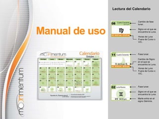 Lectura del Calendario 
Manual de uso 
Cambio de fase 
lunar. 
Signo en el que se 
encuentra la Luna. 
Horas de Luna 
Fuera de Curso o 
V/C. 
Fase lunar. 
Cambio de Signo 
en el que se 
encuentra la Luna. 
Horas de Luna 
Fuera de Curso o 
V/C. 
Fase lunar. 
Signo en el que se 
encuentra la Luna. 
Marte entra en el 
signo Géminis. 
 