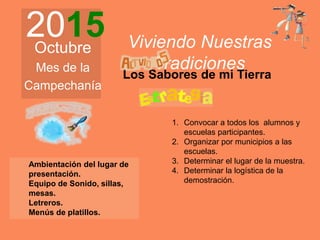 2015Octubre
Mes de la
Campechanía
Viviendo Nuestras
Tradiciones
1. Convocar a todos los alumnos y
escuelas participantes.
2. Organizar por municipios a las
escuelas.
3. Determinar el lugar de la muestra.
4. Determinar la logística de la
demostración.
Los Sabores de mi Tierra
Ambientación del lugar de
presentación.
Equipo de Sonido, sillas,
mesas.
Letreros.
Menús de platillos.
 